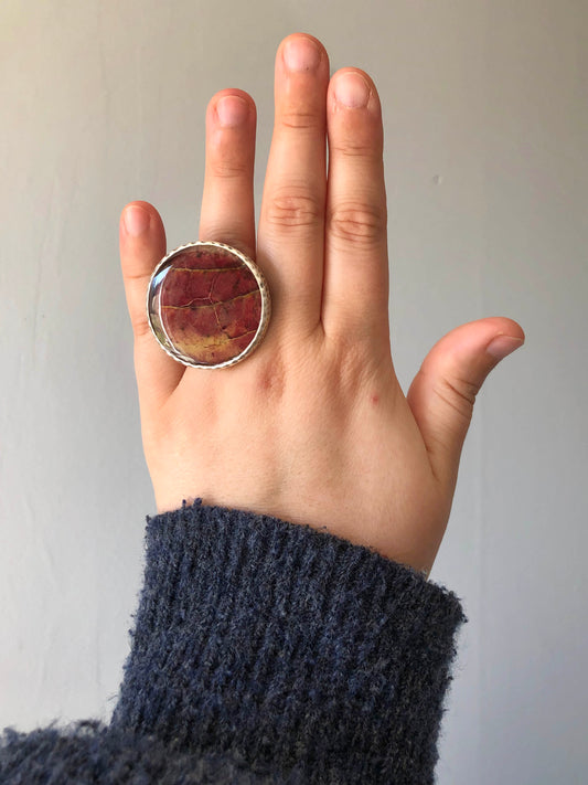 Large statement ring with pink leaf