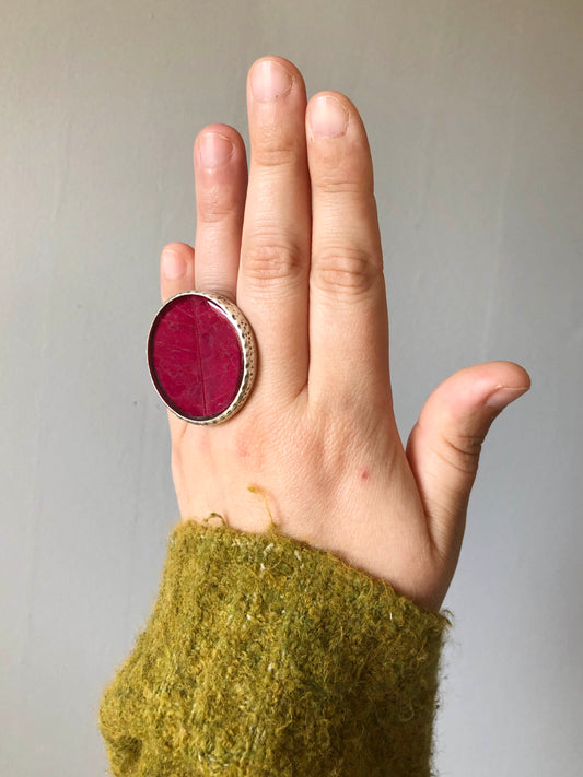 Statement Ring with Intense Red Leaf