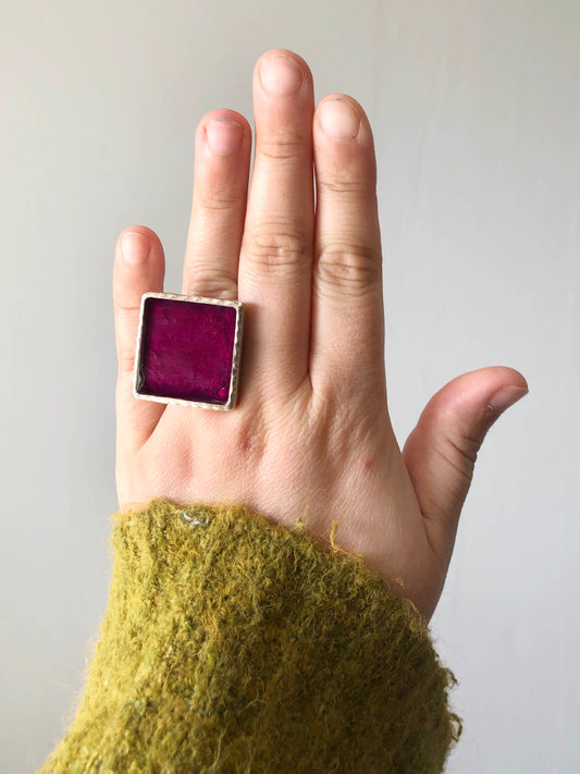 Large Square Ring with Hot Pink Peony Petal