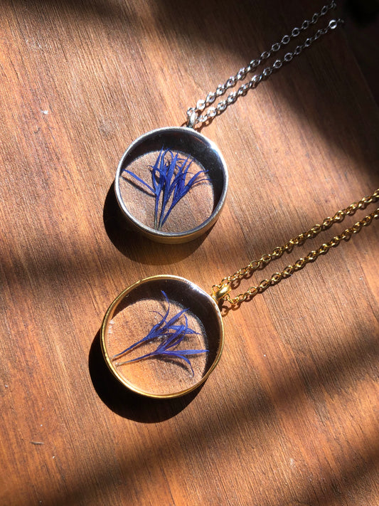 Botanical Necklace with real Mountain Bluet petals