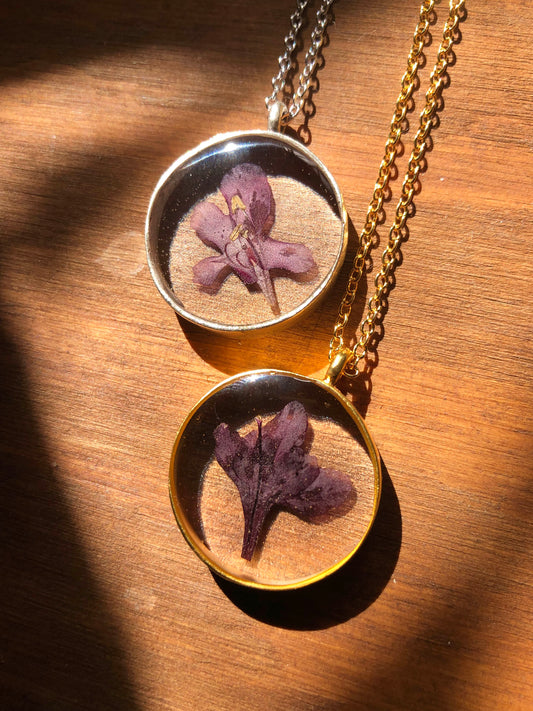 Botanical necklace with purple Pincushion Flower (Scabiosa)
