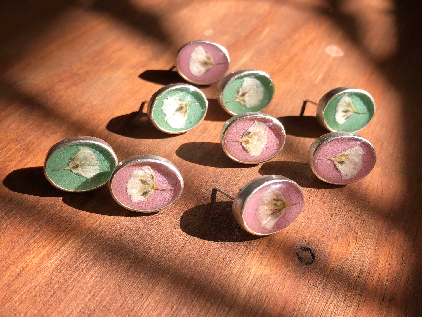 Pastel pink & green oval earrings with pressed Baby's Breath flowers