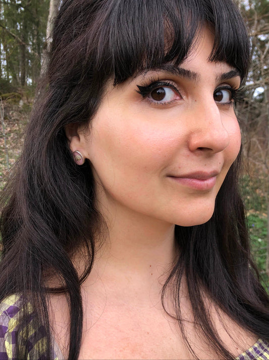 Pastel pink & green oval earrings with pressed Baby's Breath flowers