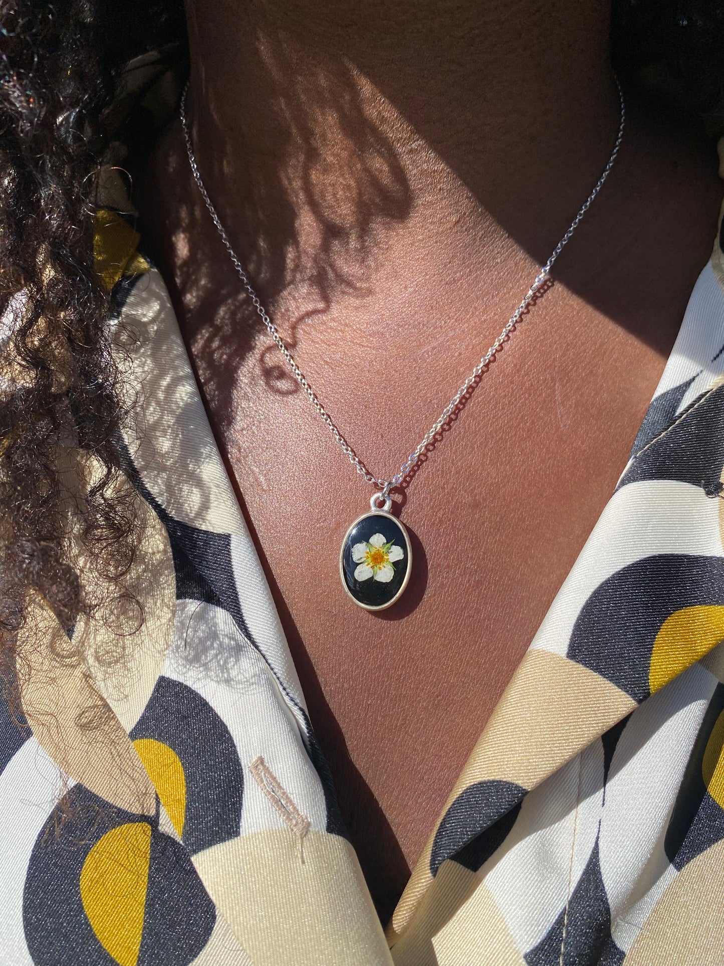 SMULTRON - Oval necklace with a real Smultron flower (Wild Strawberry flower in Swedish)