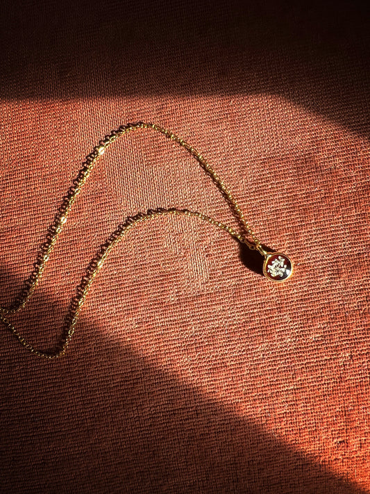 Burgundy necklace with pressed Queen Anne's Lace