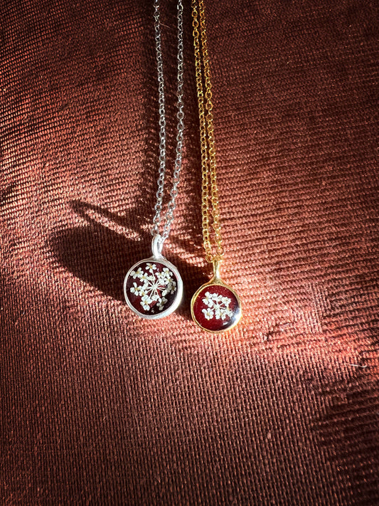 Burgundy necklace with pressed Queen Anne's Lace