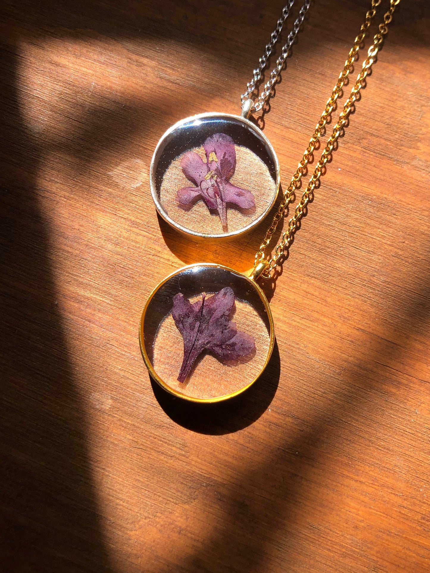 Botanical necklace with purple Pincushion Flower (Scabiosa)