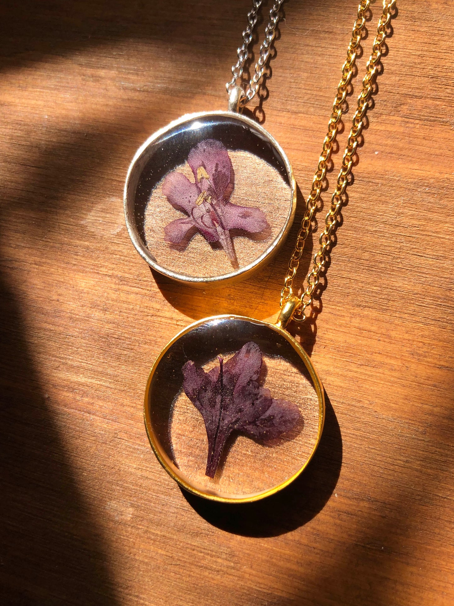 Botanical necklace with purple Pincushion Flower (Scabiosa)